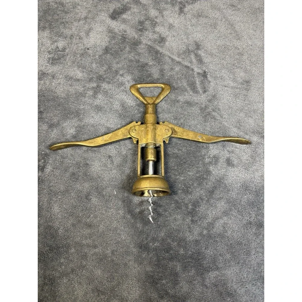 Vintage Solid Brass Winged Corkscrew Wine Bottle Opener Bar Tool Made in Italy